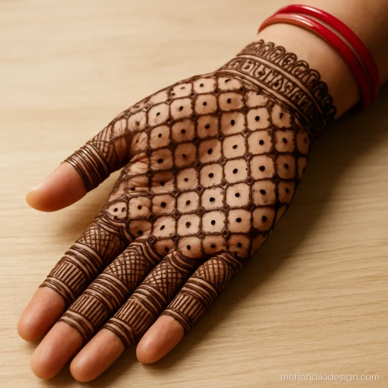 Traditional mehandi design with a full jaal net covering the palm