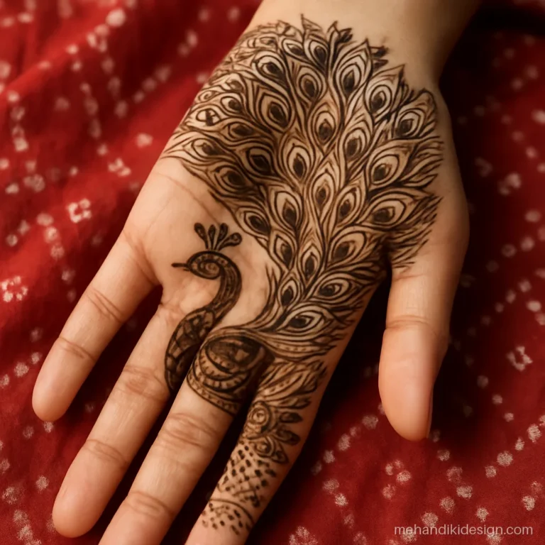 Traditional mehandi design with a large peacock filling the palm