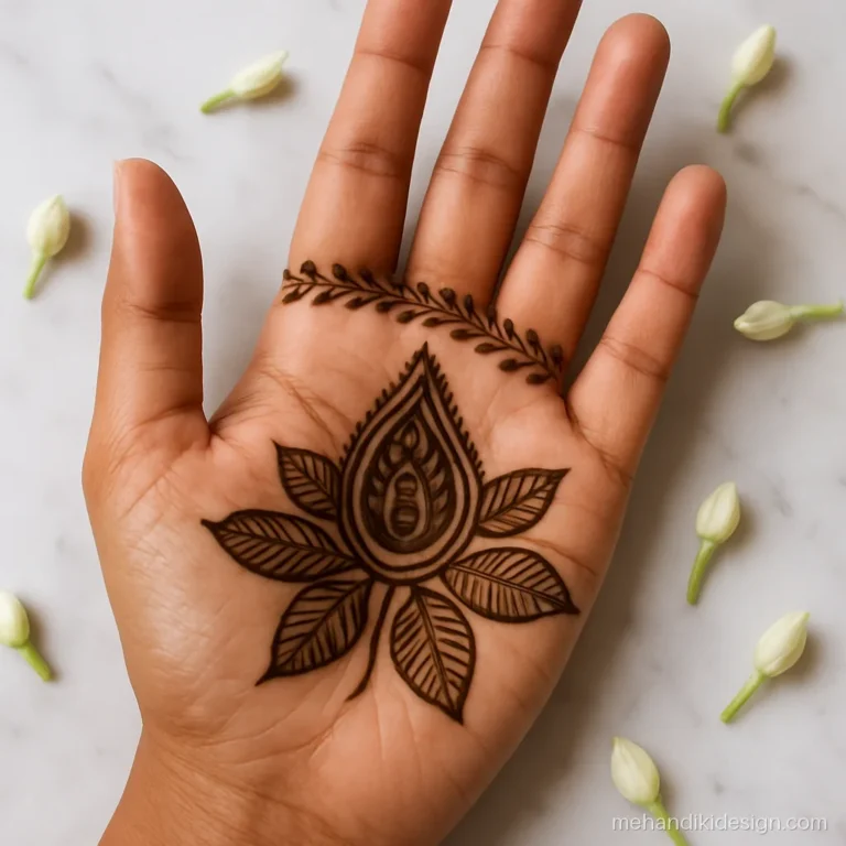 Traditional mehandi with a kairi framed by mango leaves on the palm