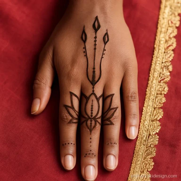Navratri mehandi with a trishul-like line pattern rising from a lotus on the palm