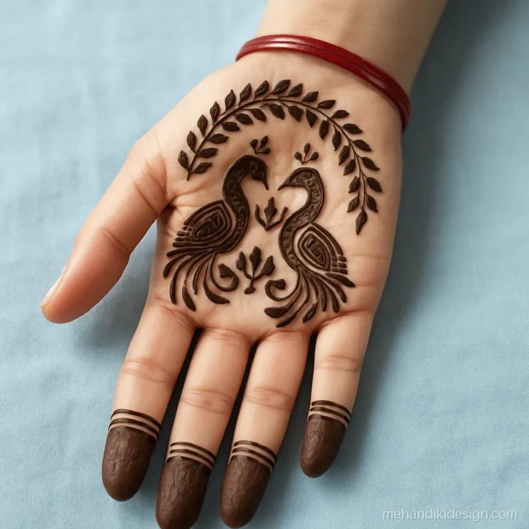 Two peacocks facing each other in a teej mehandi design on the palm