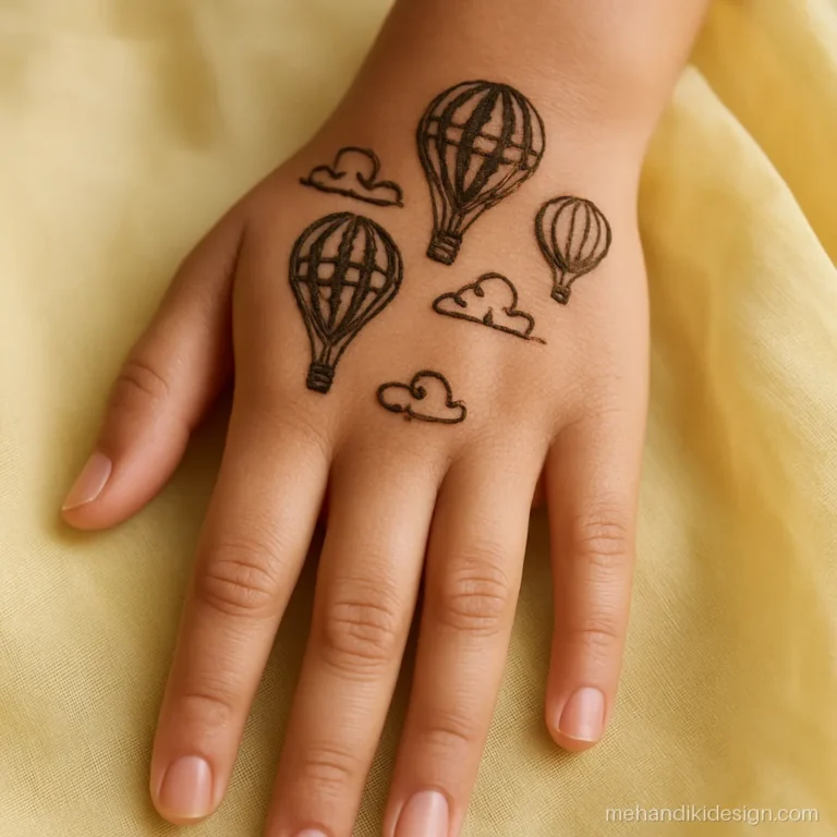 Unique mehandi design with small hot air balloons floating up the back hand
