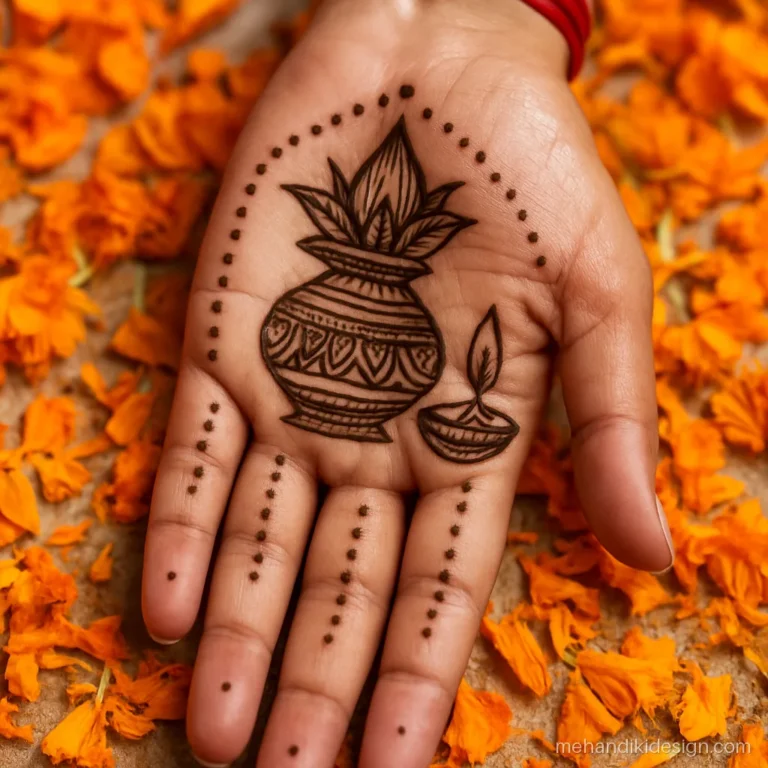 Unique mehandi design with kalash and diya for puja and festivals