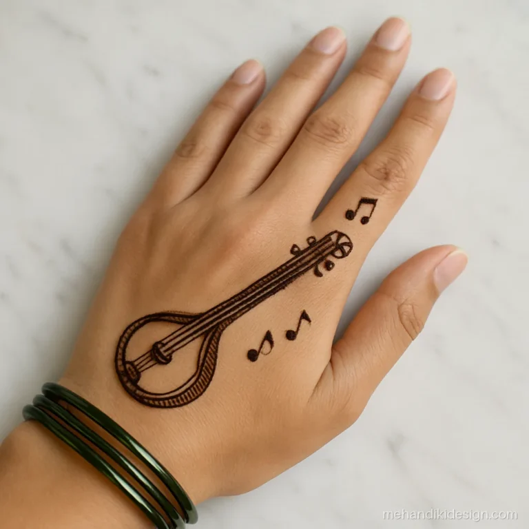 Unique mehandi design with a veena and music notes along the finger
