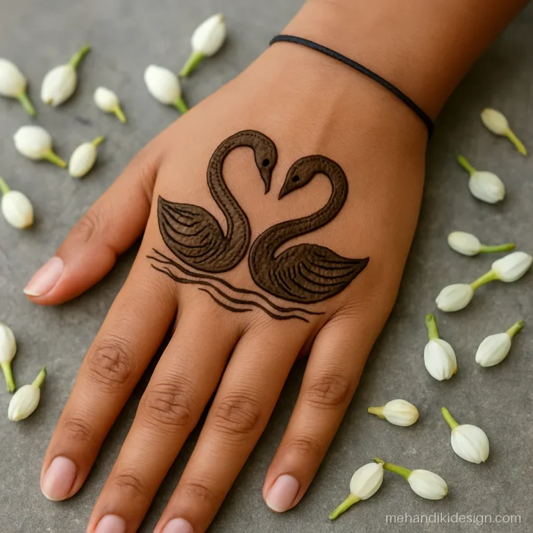 Unique mehandi design with a swan pair forming a heart on the back hand