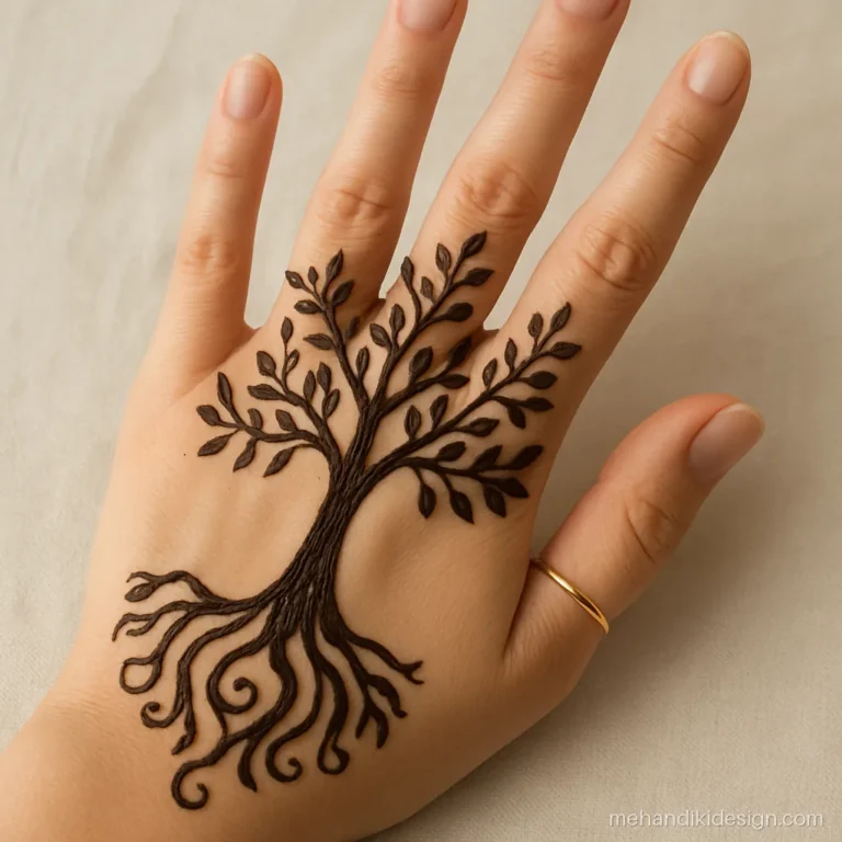 Unique mehandi design with a tree of life on the palm