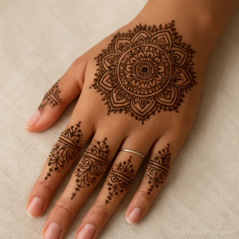 Mehandi photo for a wedding guest with half hand mandala and fingers