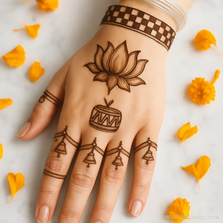 Wedding mehandi design with a dhol and temple bells near the fingers