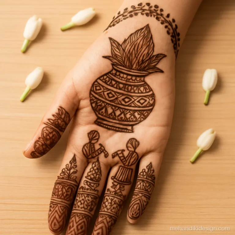 Wedding mehandi design with a kalash and shehnai players on the forearm