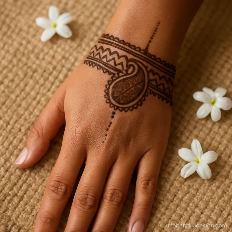 Short mehandi design wrist cuff with a central paisley