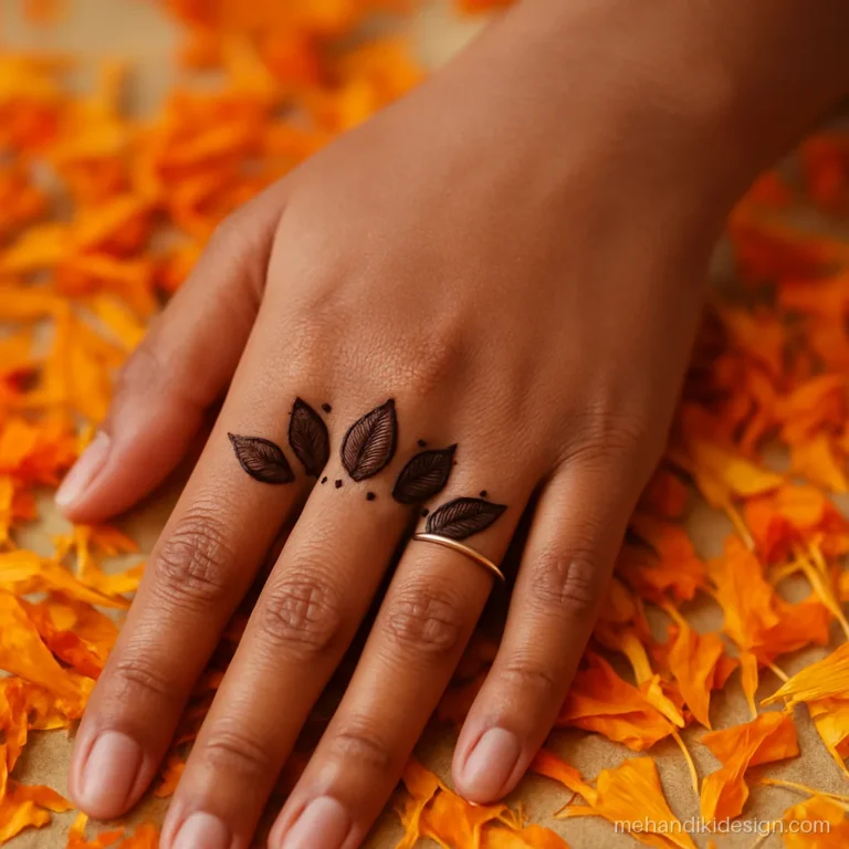 Mehandi design small mango leaves arranged in a half circle on the wrist
