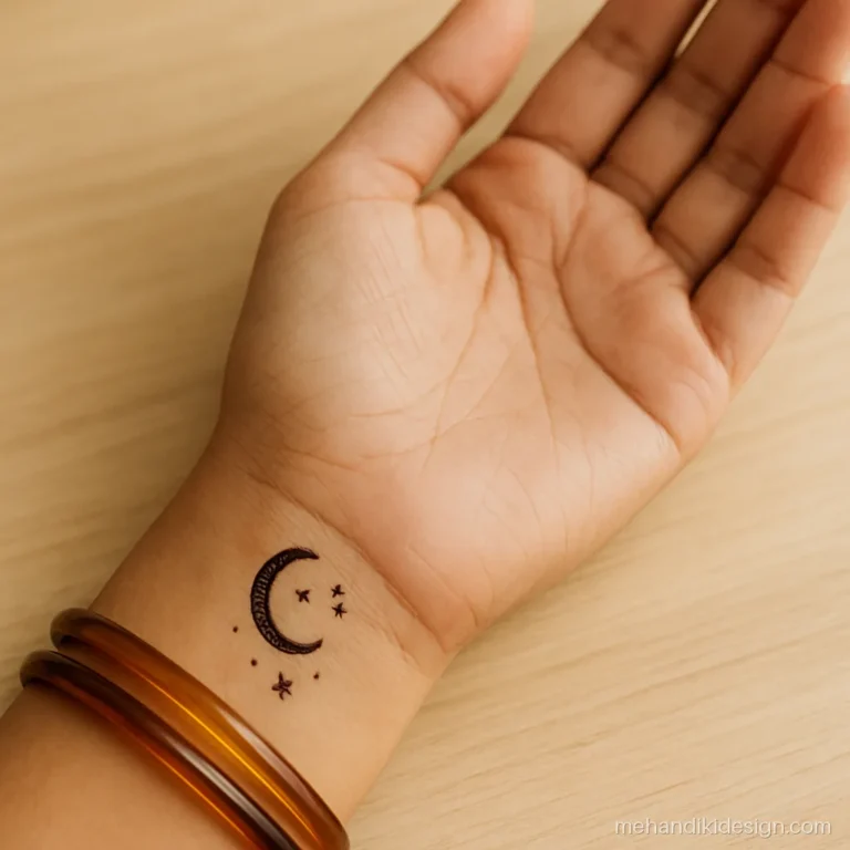 Minimal mehandi design on the inner wrist with a crescent moon and stars